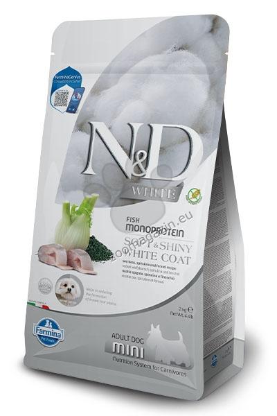 N&D White Dog Sea Bass, Spirulina and Fennel Adult Mini – монопротеинова суха храна за кучета с бяла козина от мини породи с лаврак, спирулина и фенел 5 кг