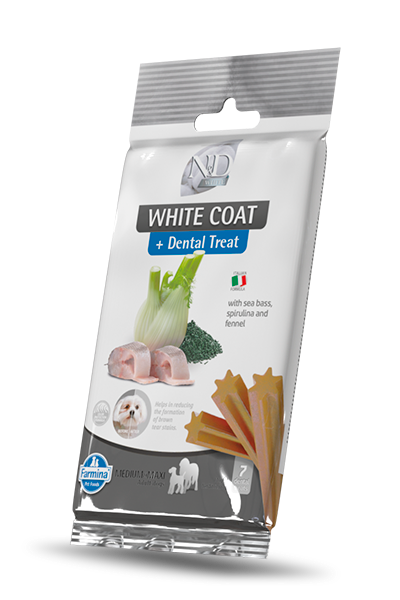 N&D White Dog Dental Treat Adult Medium and Maxi- дентални лакомства за кучета с бяла козина от средни и едри породи с лаврак, фенел и спирулина 100 гр