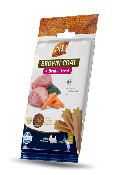 N&D Brown Dog Dental Treat Adult Mini - дентални лакомства за кучета с кафява козина от дребни породи с агнешко, моркови и спирулина 60 гр