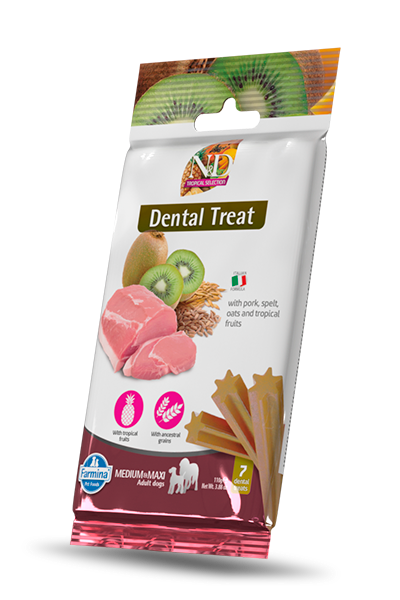 N&D Dog Dental Treat Adult Medium and Maxi - дентални лакомства за кучета от средни и едри породи със свинско, спелта, овес и тропически плодове 100 гр