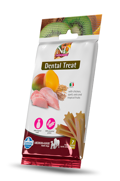 N&D Dog Dental Treat Adult Medium and Maxi - дентални лакомства за кучета от средни и едри породи с пилешко, спелта, овес и тропически плодове 100 гр