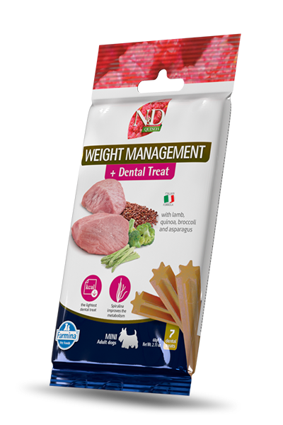 N&D Dog Dental Treat Weight Management Adult Mini - дентални лакомства за контрол на теглото за кучета от дребни породи с киноа, агнешко, броколи и аспержи 60 гр