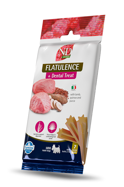 РАЗПРОДАЖБА N&D Dog Dental Treat Flatulence Adult Mini - дентални лакомства за кучета от дребни породи с киноа, агнешко и юка 60 гр