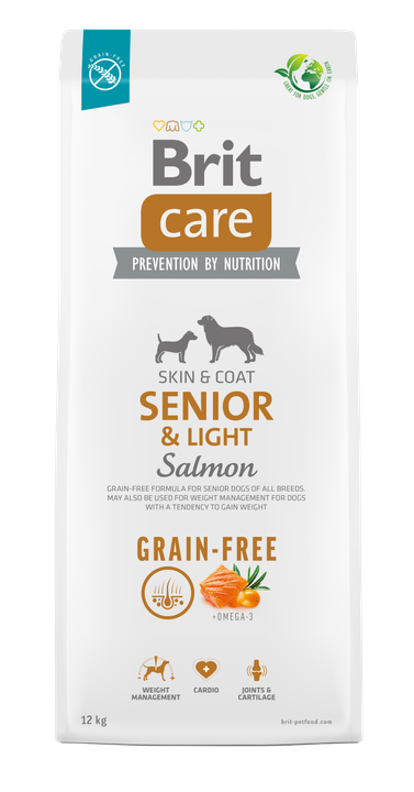 Brit Care Dog Grain-free Senior and Light - пълноценна храна за застаряващи кучета от всички породи със сьомга