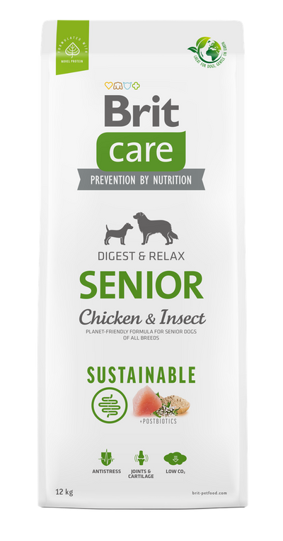 Brit Care Dog Sustainable Senior - пълноценна храна за застаряващи кучета с пилешко месо и насекоми 12 кг