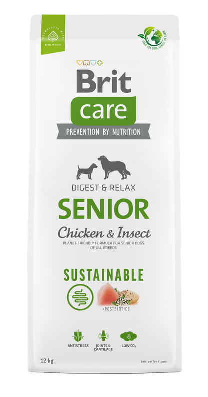 Brit Care Dog Sustainable Senior - пълноценна храна за застаряващи кучета с пилешко месо и насекоми 12 кг