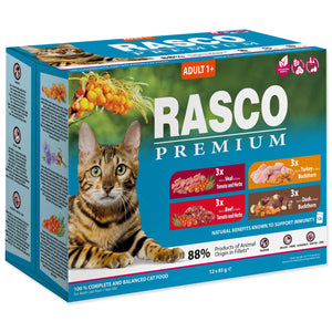 Rasco Premium Adult Multipack - паучове за котка с телешко, говеждо, патешко и пилешко 12 х 85 гр.