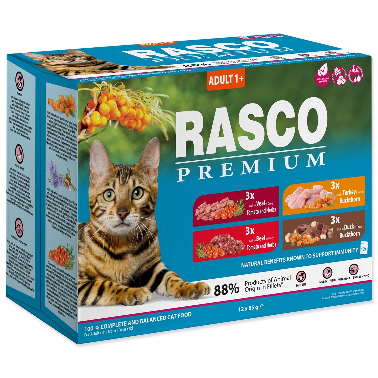Rasco Premium Adult Multipack - паучове за котка с телешко, говеждо, патешко и пилешко 12 х 85 гр.