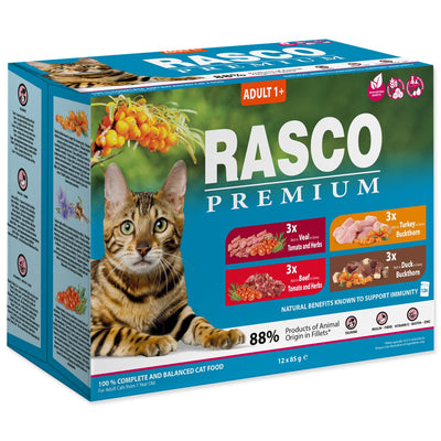 Rasco Premium Adult Multipack - паучове за котка с телешко, говеждо, патешко и пилешко 12 х 85 гр