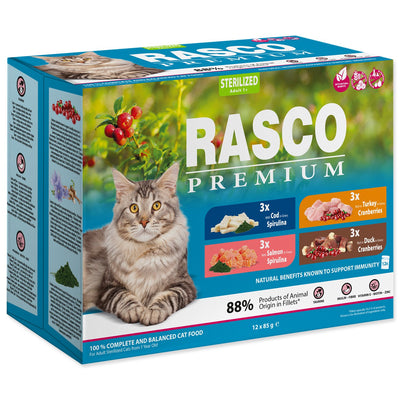 Rasco Premium Adult Sterilised - паучове за котка със сьомга, пуешко, патешко и треска 12 х 85 гр