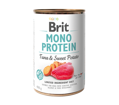 Brit Mono Protein Tuna and Sweet Potato - монопротеинова консерва за кучета с риба тон и сладки картофи 400 гр