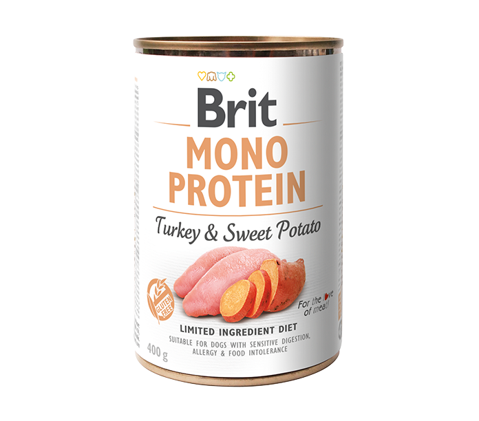 Brit Mono Protein Turkey and Sweet Potato - монопротеинова консерва за кучета с пуешко месо и сладки картофи 400 гр