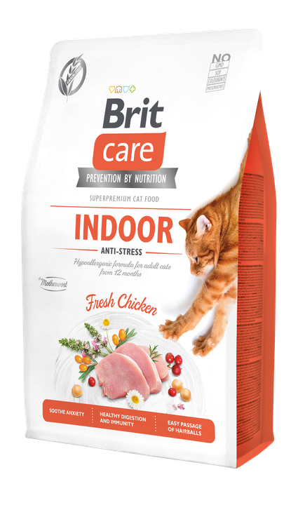 Brit Care Cat Grain-Free Indoor Anti-Stress - пълноценна суха храна с пилешко за котки живеещи на закрито