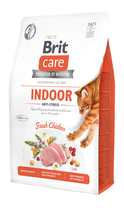 РАЗПРОДАЖБА Brit Care Cat Grain-Free Indoor Anti-Stress - пълноценна суха храна с пилешко за котки живеещи на закрито