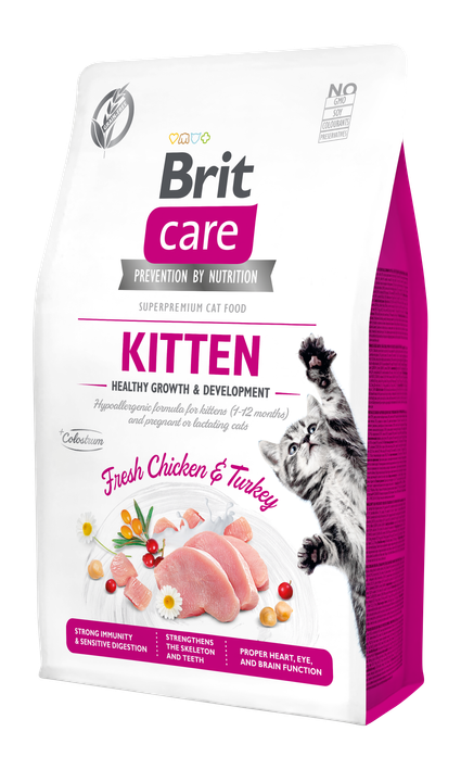 Brit Care Cat Grain-Free Kitten Healthy Growth - пълноценна суха храна с пилешко,пуешко и коластра за котенца и кърмещи котки
