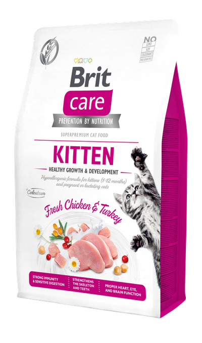 Brit Care Cat Grain-Free Kitten Healthy Growth - пълноценна суха храна с пилешко,пуешко и коластра за котенца и кърмещи котки
