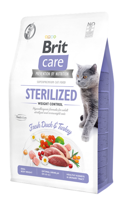 Brit Care Cat Grain-Free Sterilized and Weight Control - пълноценна суха храна за кастрирани котки с цел контрол на теглото