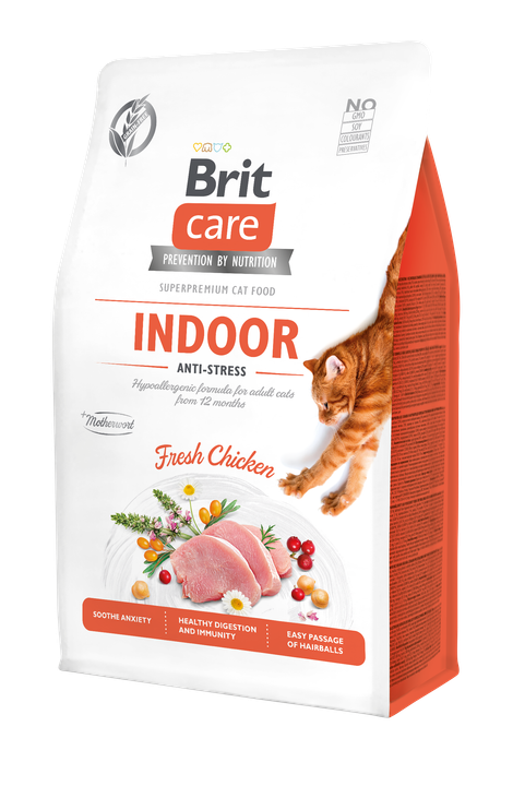 Brit Care Cat Grain-Free Indoor Anti-Stress - пълноценна суха храна с пилешко за котки живеещи на закрито