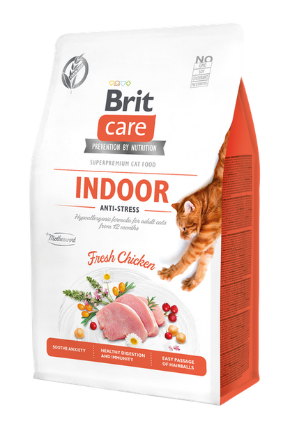 РАЗПРОДАЖБА Brit Care Cat Grain-Free Indoor Anti-Stress - пълноценна суха храна с пилешко за котки живеещи на закрито