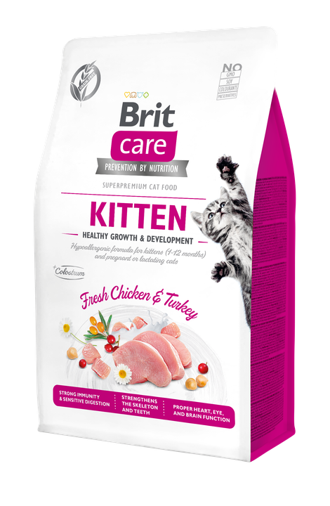 Brit Care Cat Grain-Free Kitten Healthy Growth - пълноценна суха храна с пилешко,пуешко и коластра за котенца и кърмещи котки