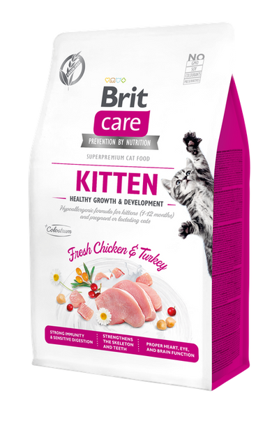 Brit Care Cat Grain-Free Kitten Healthy Growth - пълноценна суха храна с пилешко,пуешко и коластра за котенца и кърмещи котки