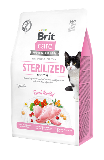 Brit Care Cat Grain-Free Sterilized Sensitive - пълноценна суха храна със заешко за кастрирани котки