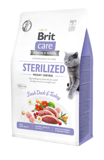 Brit Care Cat Grain-Free Sterilized and Weight Control - пълноценна суха храна за кастрирани котки с цел контрол на теглото