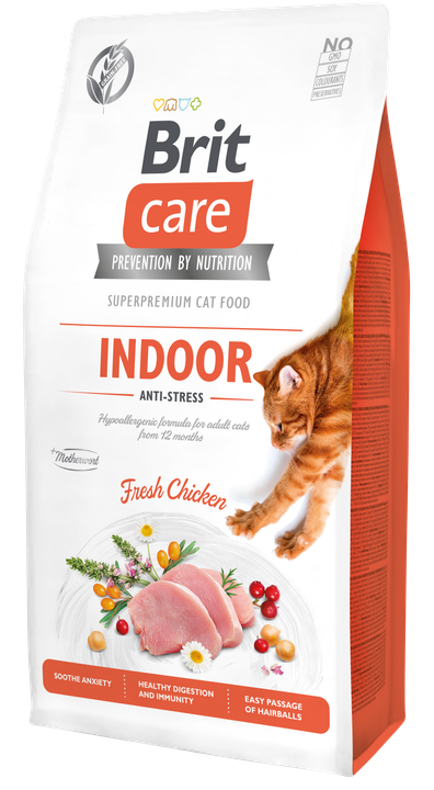 РАЗПРОДАЖБА Brit Care Cat Grain-Free Indoor Anti-Stress - пълноценна суха храна с пилешко за котки живеещи на закрито