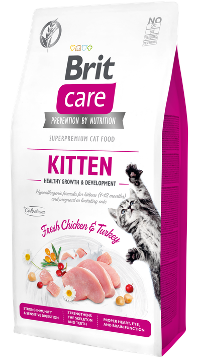 Brit Care Cat Grain-Free Kitten Healthy Growth - пълноценна суха храна с пилешко,пуешко и коластра за котенца и кърмещи котки