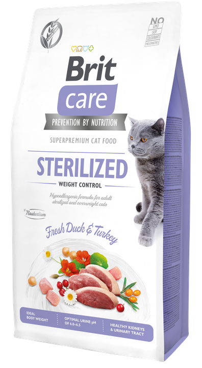 Brit Care Cat Grain-Free Sterilized and Weight Control - пълноценна суха храна за кастрирани котки с цел контрол на теглото