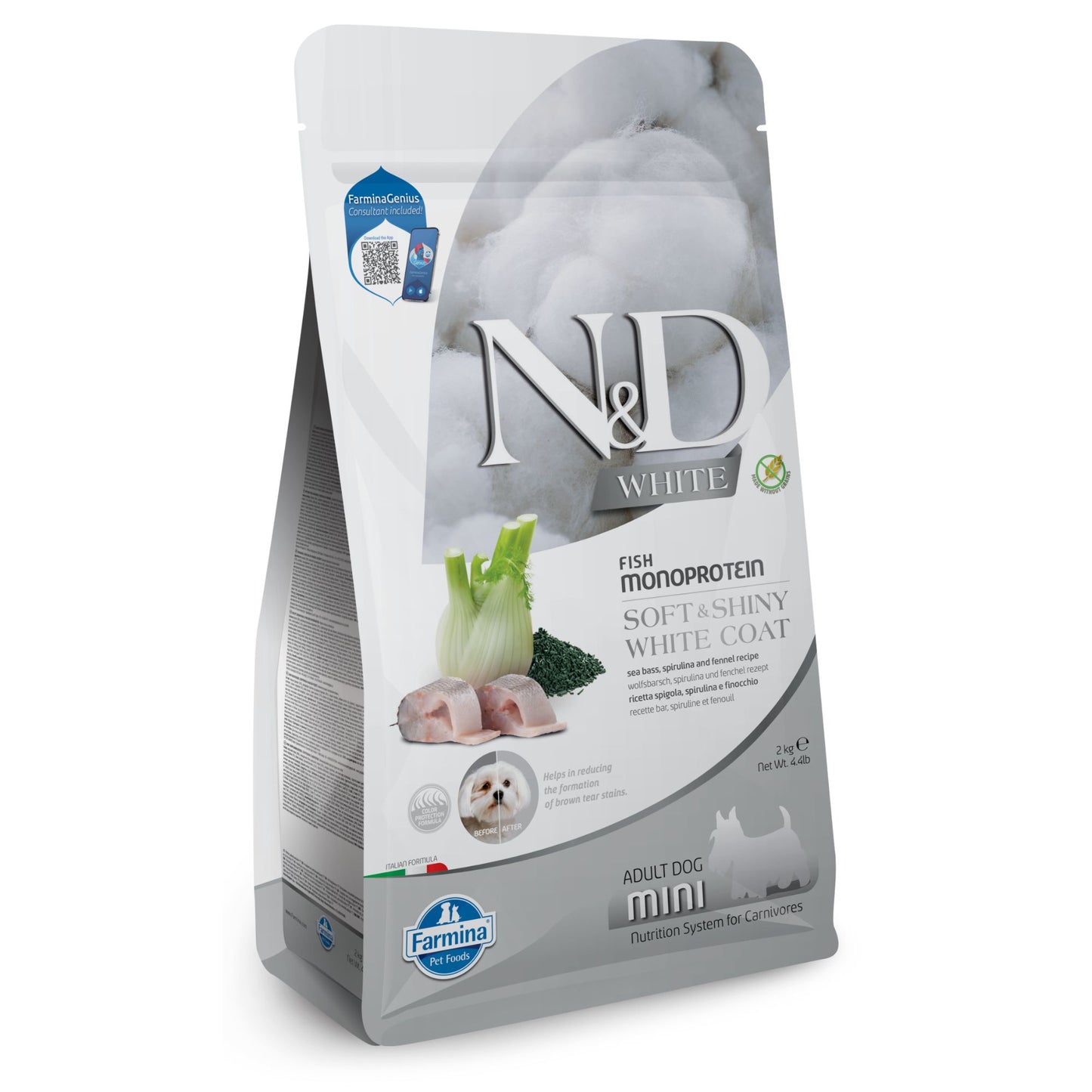 N&D White Dog Sea Bass, Spirulina and Fennel Adult Mini – монопротеинова суха храна за кучета с бяла козина от мини породи с лаврак, спирулина и фенел 5 кг
