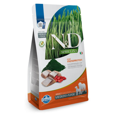 N&D Spirulina Dog Herring & Wolfberry Adult Medium & Maxi - пълноценна храна със спирулина за кучета над 1г. от средните и едри породи, с херинга и годжи бери 7кг