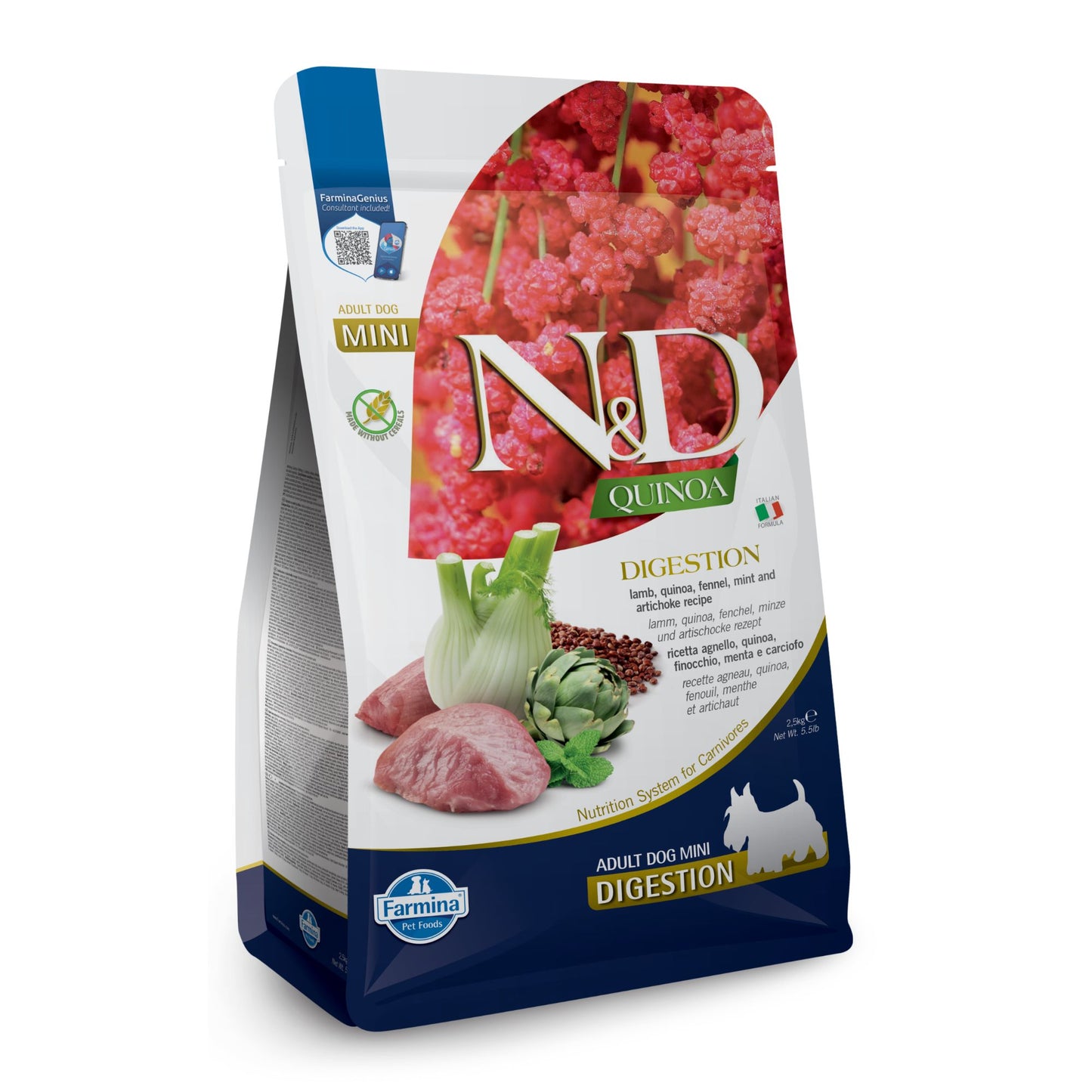 N&D Quinoa Digestion Lamb Mini – пълноценна храна с киноа за кучета в зряла възраст, за малки породи, с агнешко, копър, мента и артишок