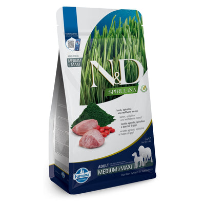 N&D Spirulina Dog Lamb & Wolfberry Adult Medium & Maxi- пълноценна храна със спирулина за кучета над 1г. от средните и едри породи, с агне и годжи бери 7кг