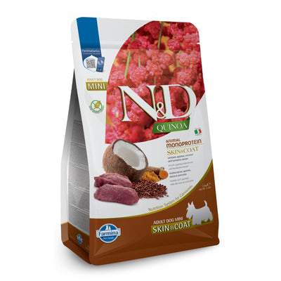 N&D Quinoa Skin & Coat Venison, Coconut Mini – пълноценна храна с киноа за кучета в зряла възраст над 1г. за малки породи при чувствителен стомах, здрава кожа и козина с еленово месо, кокос и куркума 7 кг.
