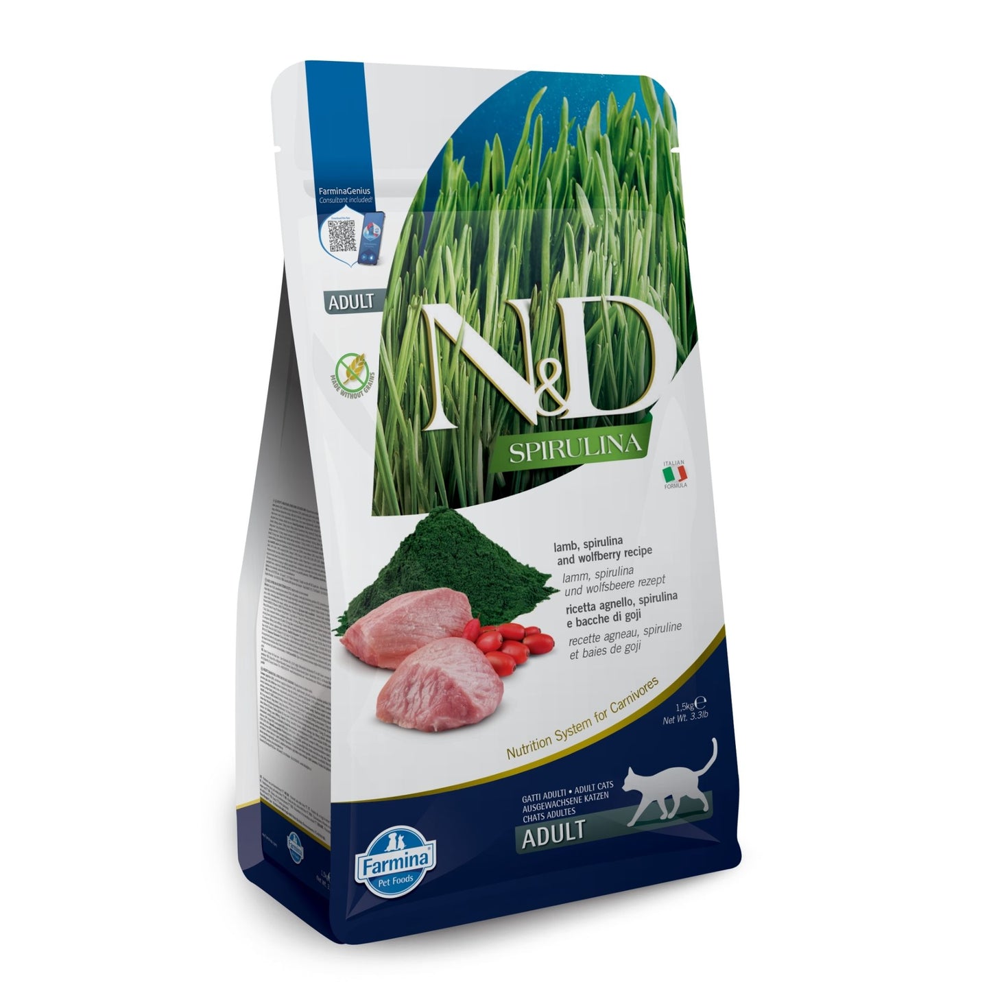 N&D Spirulina Cat Lamb & Wolfberry Adult - пълноценна храна със спирулина за котки над 1г. с агне и годжи бери 1.5кг