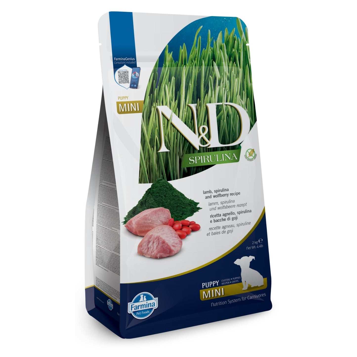 N&D Spirulina Dog Lamb & Wolfberry Puppy Mini - пълноценна храна със спирулина за подрастващи кученца от дребните породи, с агне и годжи бери 2кг