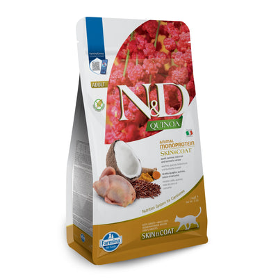 N&D Quinoa Skin & Coat Quail Coconut – пълноценна храна с киноа за котки над една година, при чувствителен стомах, здрава кожа и козина с пъдпъдък, кокос и куркума