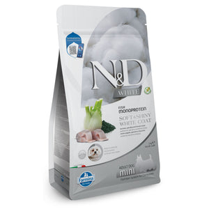 N&D White Dog Sea Bass, Spirulina and Fennel Adult Mini – монопротеинова суха храна за кучета с бяла козина от мини породи с лаврак, спирулина и фенел 2 кг