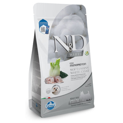 N&D White Dog Sea Bass, Spirulina and Fennel Adult Mini – монопротеинова суха храна за кучета с бяла козина от мини породи с лаврак, спирулина и фенел 2 кг