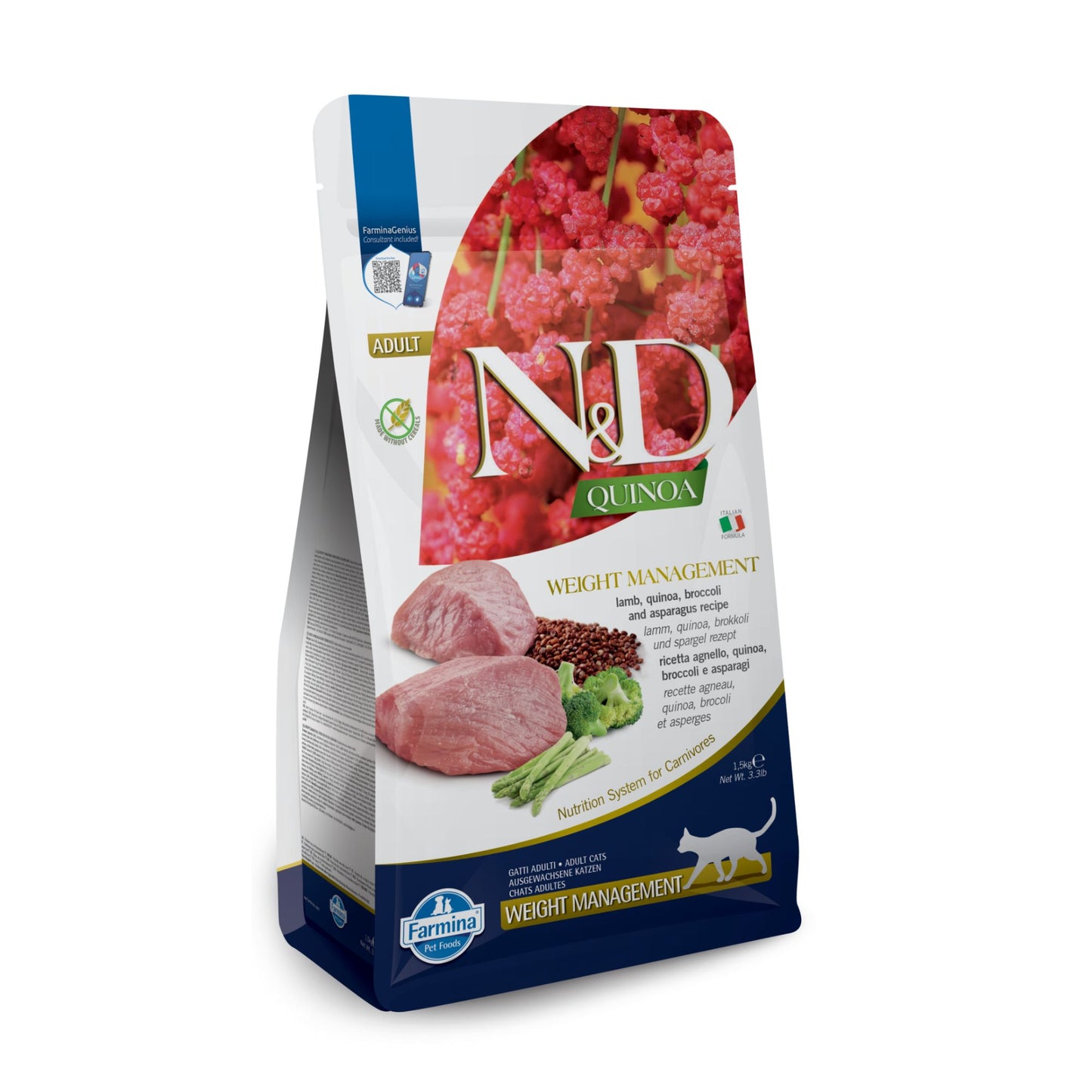N&D Quinoa Weight Management Lamb Broccoli – пълноценна храна с киноа за котки над една година, за контрол на теглото с агнешко, броколи и аспержи