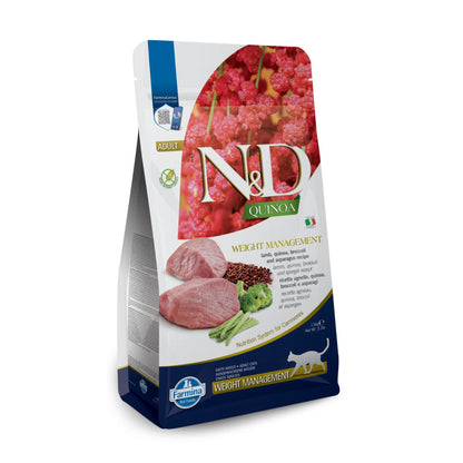 N&D Quinoa Weight Management Lamb Broccoli – пълноценна храна с киноа за котки над една година, за контрол на теглото с агнешко, броколи и аспержи 1.5 кг.