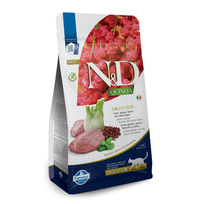 N&D Quinoa Digestion Lamb – пълноценна храна с киноа за котки над една година, с високо смилаема формула за здравето на стомаха с агнешко, копър и мента