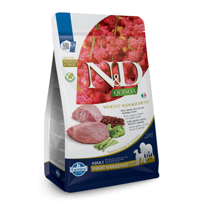 N&D QUINOA DOG WEIGHT LAMB & BROCCOLI ADULT MEDIUM & MAXI – пълноценна храна с киноа за кучета в зряла възраст над 1г. за всички породи за контрол на теглото с агнешко и броколи 7 кг.