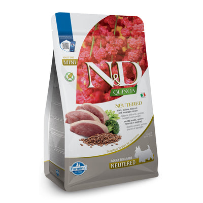 N&D Quinoa Dog Duck, Broccoli & Asparagus Neutered Adult Mini - пълноценна храна с киноа за кастрирани кучета над 1г. от дребни породи, с патешко и броколи и аспержи 7 кг.