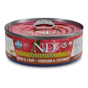 N&D Quinoa Cat Adult Skin & Coat Venison & Coconut - пълноценна мокра храна за котки в зряла възраст с киноа за здрава кожа за козина с еленско и кокос 80 гр.