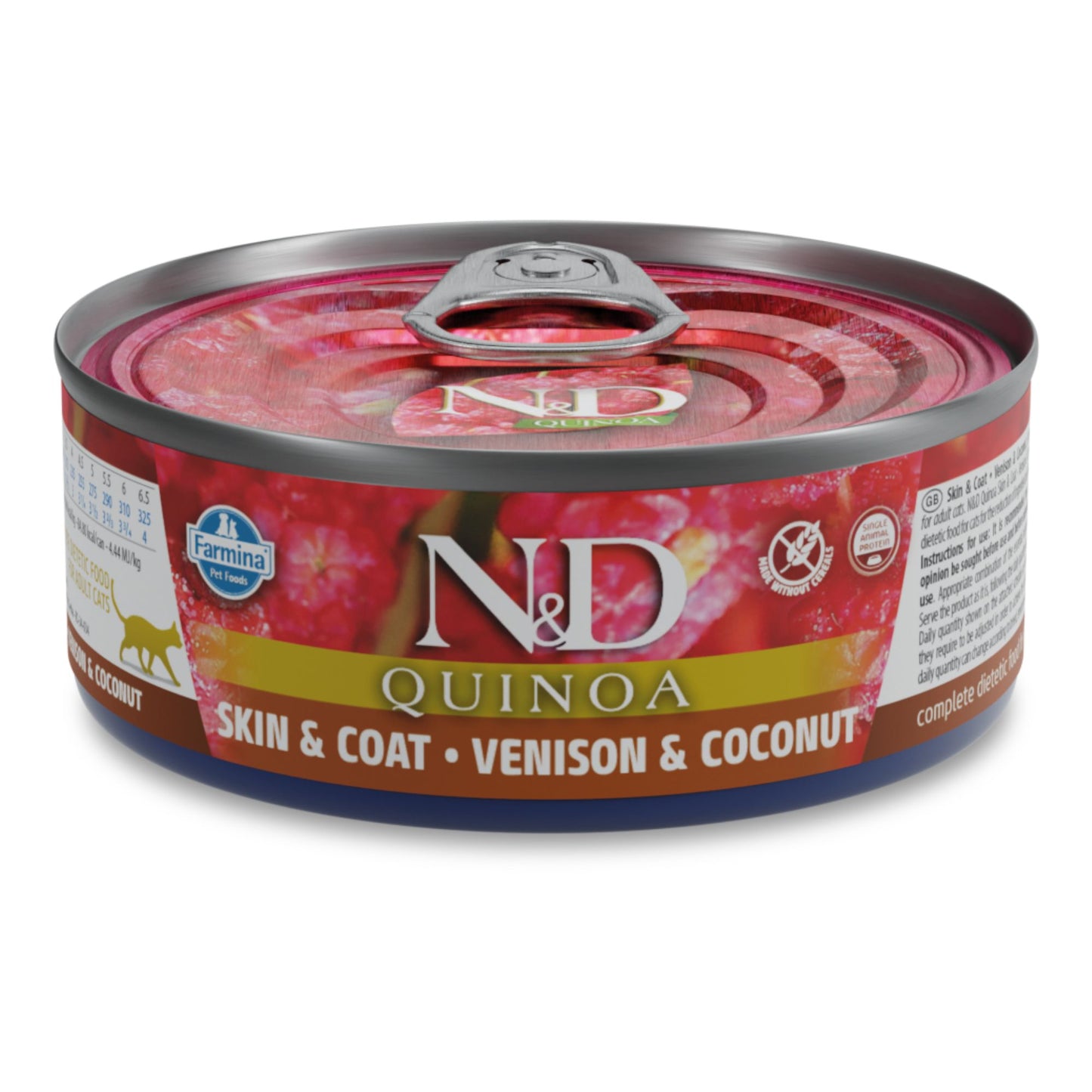 N&D Quinoa Cat Adult Skin & Coat Venison & Coconut - пълноценна мокра храна за котки в зряла възраст с киноа за здрава кожа за козина с еленско и кокос 80 гр.