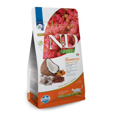 N&D Quinoa Skin & Coat Herring Coconut – пълноценна храна с киноа за котки над една година, при чувствителен стомах, здрава кожа и козина с херинга, кокос и куркума