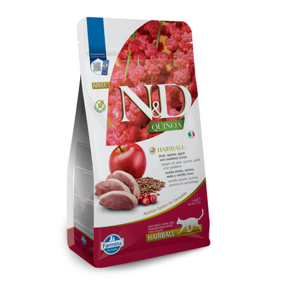 N&D Quinoa Cat Hairball Adult – пълноценна храна с киноа за котки над 1г. срещу образуването на космени топки, с патешко и червени боровинки 0.300кг