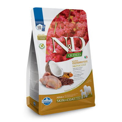 N&D Quinoa Skin & Coat with Quail for adult Medium&Maxi dog – суха храна без зърнени култури за здрава кожа и козина, за кучета над 1 година от средни и едри породи, с пъдпъдък, киноа, кокос, и куркума 2.5 кг